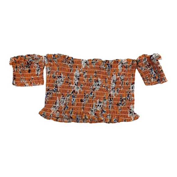 Vintage Tops - Boho Orange White Floral Smocked Off-Shoulder Floral Micro Crop Top Medium Y2K